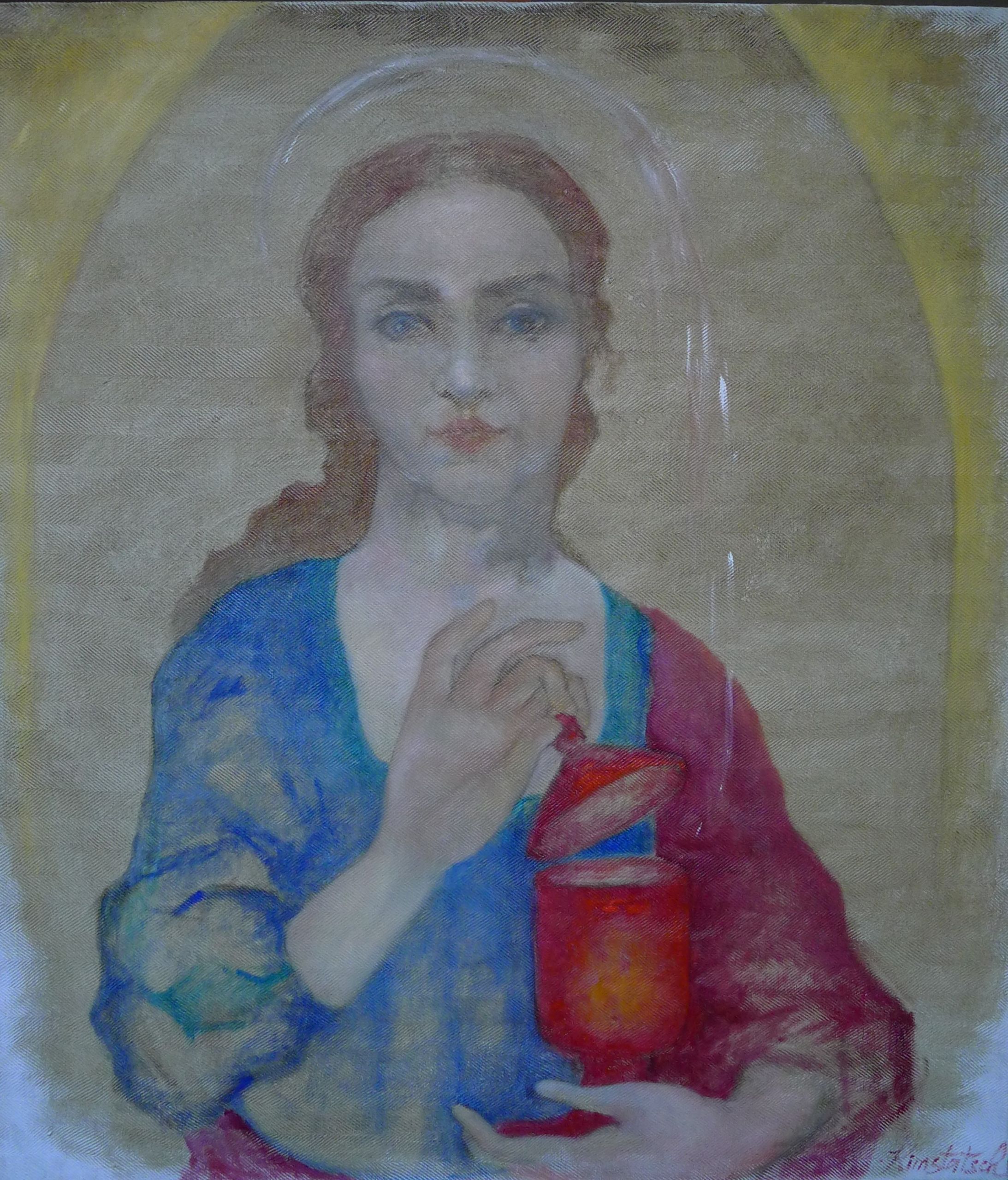 Magdalene, oil on herringbone canvas styled as unprimed, 2015