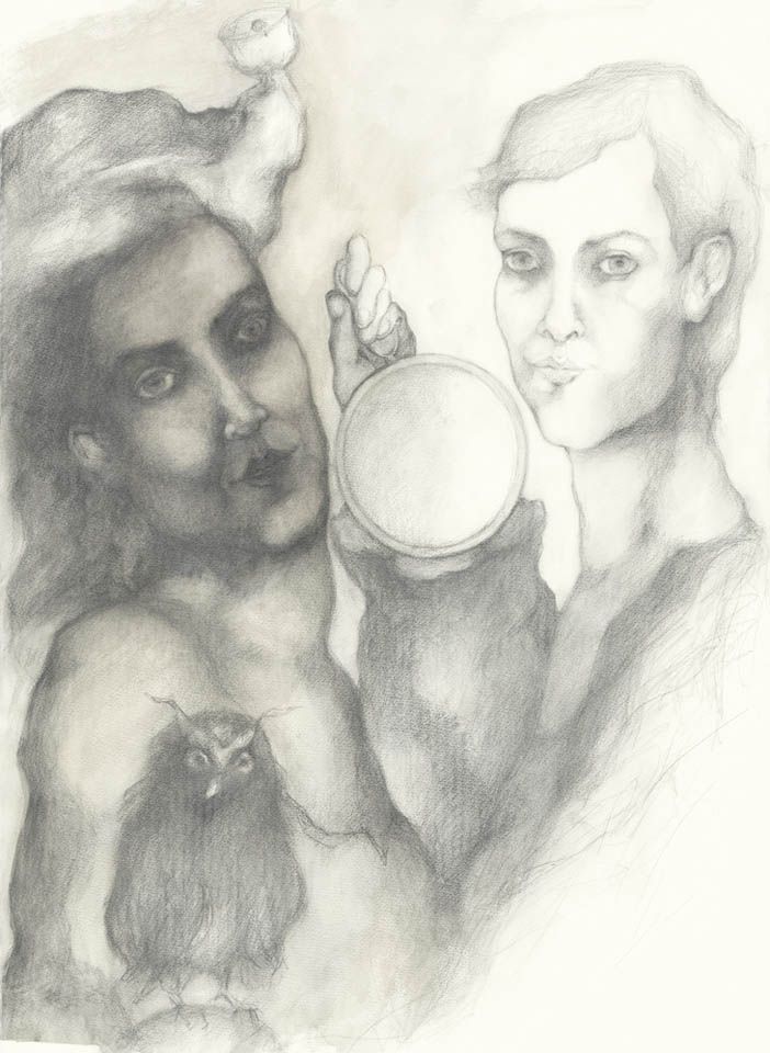 I'll be Your Mirror. Double selfportrait as Thyl Ulenspiegel and Ozma of Oz, Lead stick and tea wash on St.Cuthbert paper, 2016